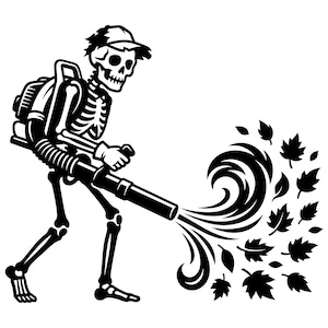 Op de afbeelding: Zwart-wit illustratie van een skelet met een pet en rugzak, die een bladblazer gebruikt om bladeren voort te stuwen. De bladeren zijn gestileerd en wervelen. De afbeelding staat op een witte achtergrond.