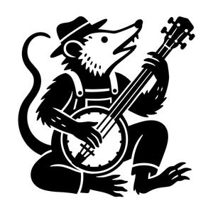Peut inclure: Illustration en noir et blanc d'un opossum jouant du banjo. L'opossum porte un chapeau et une salopette. Le banjo a un corps rond et un long manche. L'opossum est assis, les jambes croisées.