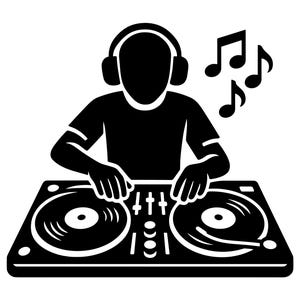 Può includere: Grafica in bianco e nero di un DJ con cuffie, che mixa su giradischi. Note musicali fluttuano sopra il DJ. Il DJ indossa una maglietta a maniche corte.