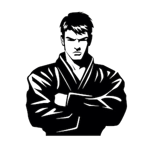 May include: A black and white illustration of a person wearing a martial arts uniform with their arms crossed in front of them.