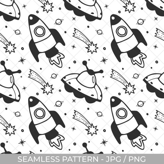 Space Pattern Seamless Digital Paper Black White Spaceship Ufo Etsy