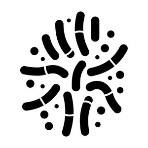 May include: Black and white illustration of a cluster of bacteria, resembling a starburst pattern.