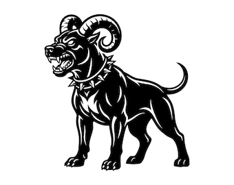 Ram Horned Dog SVG - Angry Monster Hellhound Pitbull Guardian Dark Fantasy Printable Cut File, Instant Download, Commercial Use