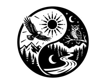 Yin Yang Nature SVG - Day Night Balance Mountain Forest Eagle Owl River Printable Cut File Art, Instant Download, Commercial Use