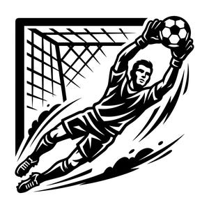 Può includere: Un'illustrazione grafica in bianco e nero di un portiere di calcio che si tuffa per parare un pallone davanti a una rete. Il giocatore è raffigurato in volo, indossa una maglia e pantaloncini, con le braccia tese per afferrare il pallone.