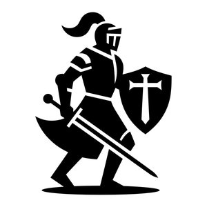 Op de afbeelding: Een zwart silhouet van een ridder in harnas met een zwaard en schild. Het schild heeft een kruis erop.