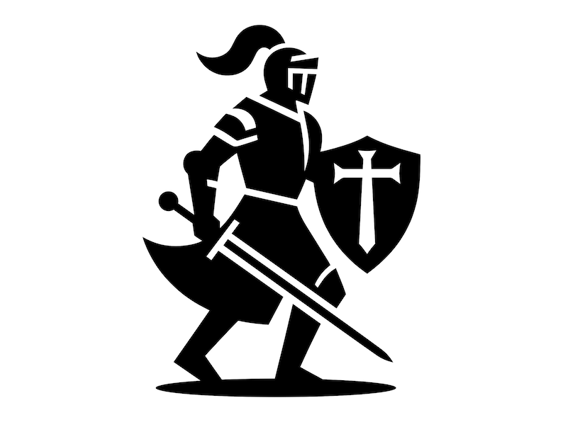 Op de afbeelding: Een zwart silhouet van een ridder in harnas met een zwaard en schild. Het schild heeft een kruis erop.