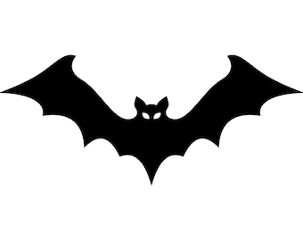 Puede incluir: Silueta negra de un murciélago con las alas extendidas. El murciélago está de frente con los ojos visibles.