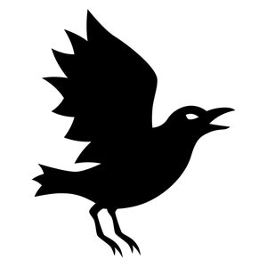May include: Black silhouette of a bird with wings spread, flying in mid-air. The bird has a long beak and is facing to the right.