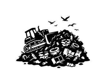 Garbage Dump SVG - Landfill Bulldozer Trash Pile Junkyard Waste Printable Cut File, Instant Download, Commercial Use