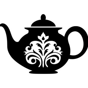 以下が含まれることがあります： 白い花の模様がついた黒いティーポット。ティーポットは丸いボディで、左側に注ぎ口があります。取っ手は右側にあります。