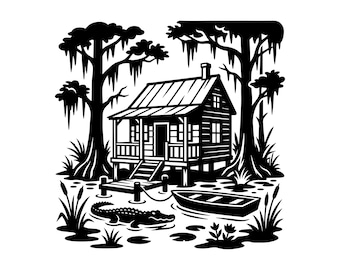 Cabaña de pantano SVG - Choza de pantano, casa de marisma de caimanes, árbol de ciprés, humedal, archivo de corte imprimible, descarga instantánea, uso comercial