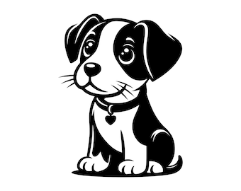 May include: Black and white cartoon illustration of a small puppy wearing a collar with a heart charm. The puppy is sitting with its head tilted to the side and looking to the left.