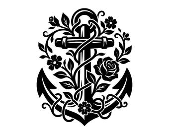 Anchor Cross SVG - Floral Nautical Christian Religion Faith Flowers Sea Printable Cut File, Instant Download, Commercial Use