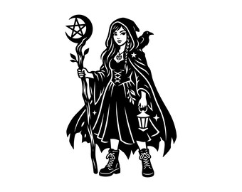 Witch Girl SVG - Gothic Pagan Wiccan Sorceress Dark Fantasy Raven Moon Magic Printable Cut File, Instant Download, Commercial Use