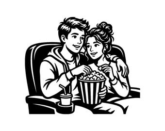 SVG para cita nocturna en el cine - Pareja de cine, palomitas de maíz, película, San Valentín, romance, archivo imprimible para cortar, descarga instantánea, uso comercial.