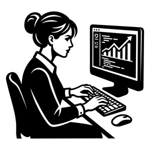 May include: Black and white illustration of a person working on a computer. The person is seated at a desk, typing on a keyboard, with a computer monitor displaying a graph. A mouse is next to the keyboard.