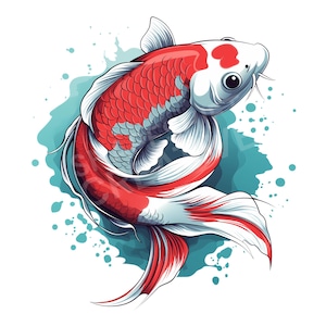 May include: A red and white koi fish with black markings swims in a blue and white watercolour background. The fish is depicted in a stylised, almost cartoon-like manner.