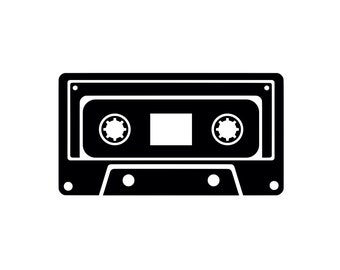 May include: Black and white silhouette of a cassette tape. The tape has two spools and a rectangular window in the center.
