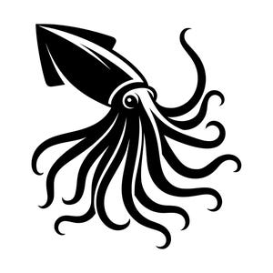 May include: Black and white illustration of a squid with tentacles.