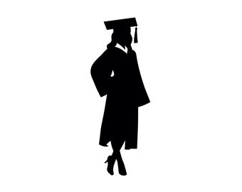 May include: A black silhouette of a person wearing a graduation cap and gown. The person is standing with their arms at their sides and their head tilted slightly to the side.