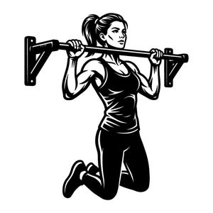 Könnte beinhalten: Eine schwarz-weiße grafische Illustration einer Person mit Pferdeschwanz, die Klimmzüge an einer an der Wand montierten horizontalen Metallstange ausführt. Die Person trägt ein Tanktop und eine Leggings und hält die Stange mit beiden Händen fest.