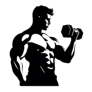 May include: A black and white silhouette of a person lifting a dumbbell. The person is muscular and has a determined expression on their face.