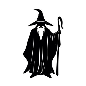 May include: A black and white silhouette of a wizard wearing a pointed hat and robe, holding a staff.