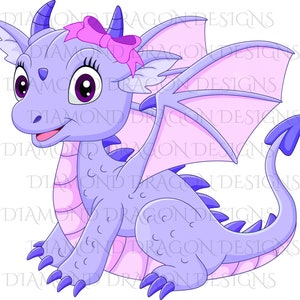Cute Girl Dragon, Baby Dragon, Cute Little Girl Dragon, Purple Pink Bow,  Image Download, Waterslide Image, Sublimation Image, PNG File