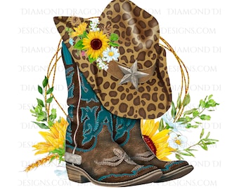 Western Boots and Hat, Cowboy Boots and Hat, Leopard Print, Floral, Sunflower, Waterslide, Digital Image Download, PNG, Sublimation, File