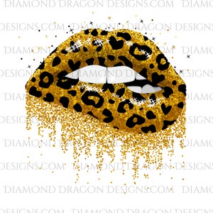 Dripping Glitter Lips, Leopard Lips, Glitter Biting Lips, Gold, Leopard, Digital Image Download, Waterslide, Sublimation, PNG, File