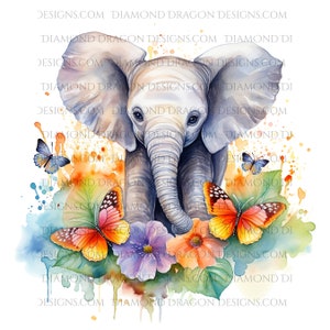 Baby Elephant PNG, Baby Elephant Sublimation Design, Cute Elephant Butterfly Watercolor, Elephant Waterslide PNG, Elephant PNG