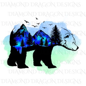 Bear Image, Bear Silhouette, Bear Mountains, Aurora Borealis, Watercolor Bear, Waterslide, Digital Image Download, Clip Art, PNG,JPG,File