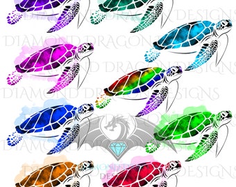Sea Turtle, Watercolor Sea Turtle, 9 Image Bundle, Rainbow Sea Turtle, Waterslide, High Res, Digital Image Download, ClipArt,PNG,JPG,File