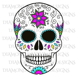 Sugar Skull, Colorful Flower Skull, Floral Sugar Skull, Digital Image Download for Waterslide, Decals, Transfers, Clip Art, JPG, PNG file