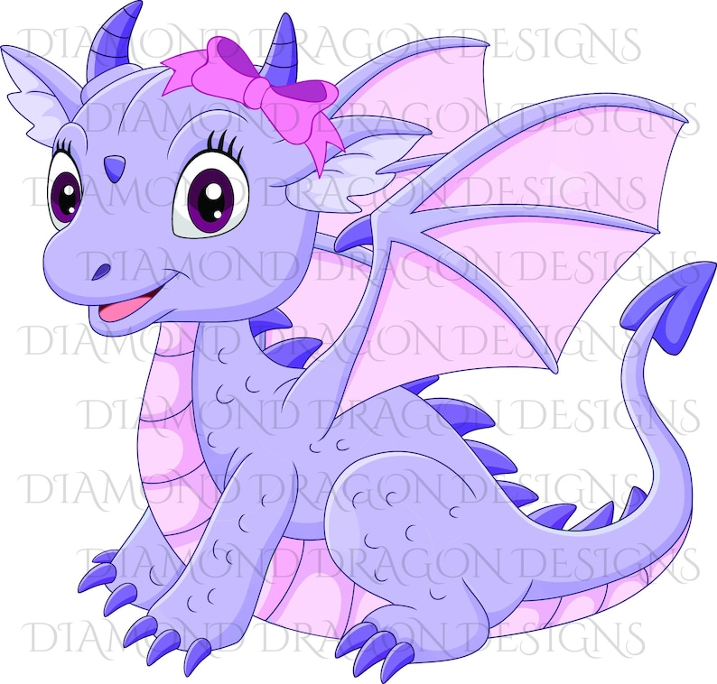 Cute Girl Dragon, Baby Dragon, Cute Little Girl Dragon, Purple Pink Bow, Image Download, Waterslide Image, Sublimation Image, PNG File image 1