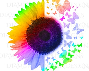 Half Sunflower, Butterfly Sunflower, Rainbow, Butterflies, Sunflower Image, Pride, Digital Image Download, Waterslide, Sublimation, PNG