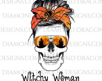 Halloween Design, Witchy Woman Sublimation Design, Skeleton Messy Bun, Halloween Sublimation Design, Halloween Waterslide Design PNG