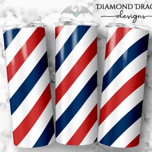 May include: Three stainless steel tumblers with a red, white, and blue barber pole design.