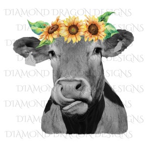 Heifer, Image, Cute Cow, Sunflower Crown, Cowlick, Cow Tongue Out, High Res, High Quality, Digital Image, Download, Clip Art, PNG, JPG, File