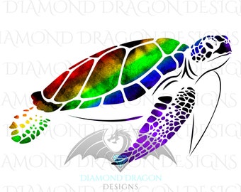 Sea Turtle, Watercolor Sea Turtle, Rainbow Sea Turtle, Waterslide, High Res, Digital Image Download, ClipArt,PNG,JPG,File