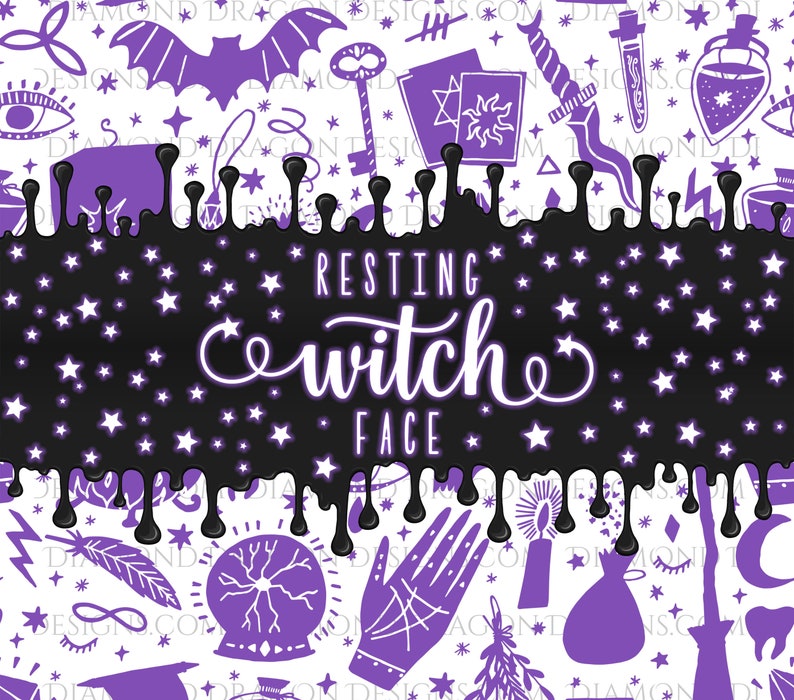 May include: Purple and white graphic with a black background and white stars. The text "resting witch face" is written in white cursive letters.