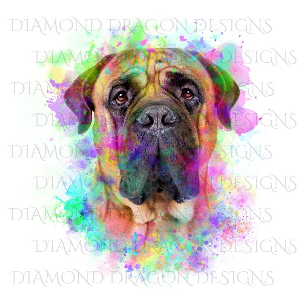 Watercolor Bullmastiff, Rainbow Bullmastiff, Bull Mastiff Watercolor, Digital Image for Waterslide, Decal, Transfers, ClipArt, PNG JPG file