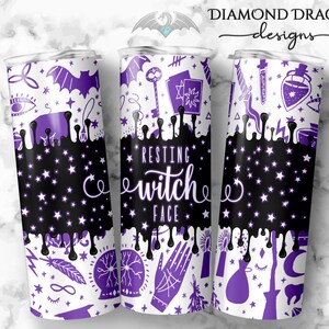 May include: Three purple and white stainless steel tumblers with a dripping design. The middle tumbler has the text "Resting Witch Face" in a white cursive font. The tumblers are decorated with various witchy symbols and designs.