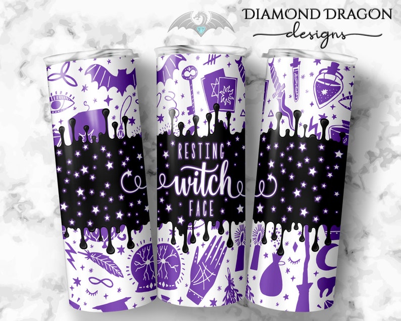 May include: Three purple and white stainless steel tumblers with a dripping design. The middle tumbler has the text "Resting Witch Face" in a white cursive font. The tumblers are decorated with various witchy symbols and designs.