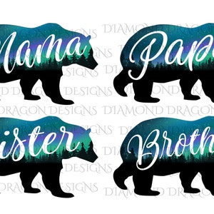 Mama Bär Bild, Papa Bär, Bruder, Schwester, Bär, Silhouette, Wald, Bäume, Aurora Borealis, digitales Bild Download, ClipArt, PNG, JPG, Datei