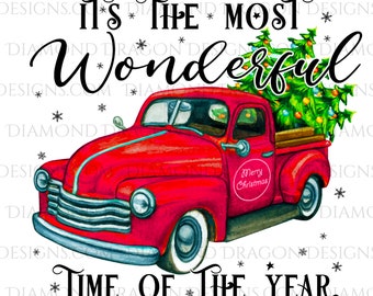 Vintage, Christmas Truck, Christmas Tree, It’s the most wonderful time, Red Truck, Digital Image Download, Waterslide, Sublimation, PNG