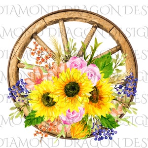 Vintage Sunflower Wagon Wheel Image, Watercolor Sunflowers, Sunflower Bunch, Wagon Wheel Sunflowers, Digital Image, ClipArt, PNG, JPG, File