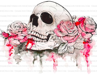 Halloween, Watercolor Floral Skull, Red Floral Skull, Skull with Flowers, Skull Roses, Waterslide, Digital Image Download, Sublimation PNG
