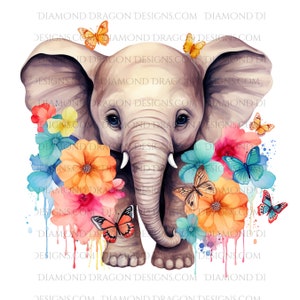 Baby Elephant PNG, Baby Elephant Sublimation Design, Cute Elephant Butterfly Watercolor, Elephant Waterslide PNG, Elephant PNG